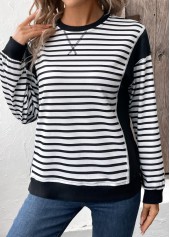 Black Patchwork Striped Long Sleeve Round Neck Sweatshirt