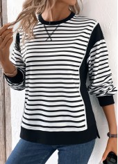Black Patchwork Striped Long Sleeve Round Neck Sweatshirt | thumb picture 