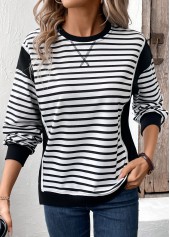 Black Patchwork Striped Long Sleeve Round Neck Sweatshirt | thumb picture 