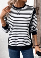 Black Patchwork Striped Long Sleeve Round Neck Sweatshirt | thumb picture 