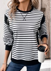 Black Patchwork Striped Long Sleeve Round Neck Sweatshirt | thumb picture 