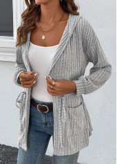 Grey Drawstring Long Sleeve Light Cardigan