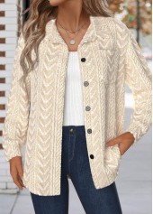 Beige Button Long Sleeve Turn Down Collar Jacket