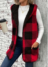 Red Patchwork Plaid Sleeveless Hooded Waistcoat | thumb picture 