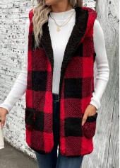 Red Patchwork Plaid Sleeveless Hooded Waistcoat | thumb picture 