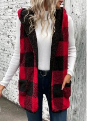 Red Patchwork Plaid Sleeveless Hooded Waistcoat | thumb picture 