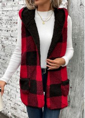 Red Patchwork Plaid Sleeveless Hooded Waistcoat | thumb picture 
