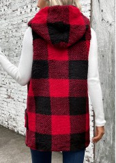 Red Patchwork Plaid Sleeveless Hooded Waistcoat | thumb picture 