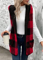 Red Patchwork Plaid Sleeveless Hooded Waistcoat | thumb picture 
