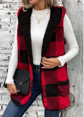 Red Patchwork Plaid Sleeveless Hooded Waistcoat