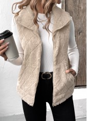 Beige Zipper Sleeveless Turn Down Collar Waistcoat