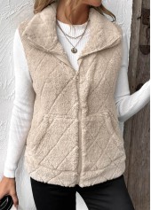Beige Zipper Sleeveless Turn Down Collar Waistcoat