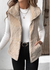 Beige Zipper Sleeveless Turn Down Collar Waistcoat