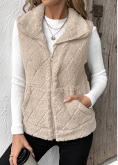 Beige Zipper Sleeveless Turn Down Collar Waistcoat