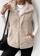 Beige Zipper Sleeveless Turn Down Collar Waistcoat