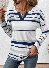 Plus Size White Patchwork Striped Long Sleeve T Shirt | thumb picture 