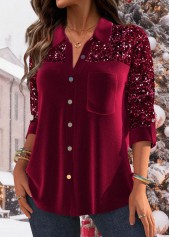 Wine Red Sequin Velvet Long Sleeve Shirt