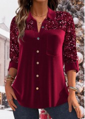 Wine Red Sequin Velvet Long Sleeve Shirt