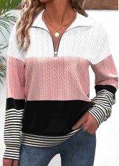 Black Patchwork Striped Long Sleeve Turn Down Collar Sweatshirt