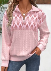 Pink Zipper Geometric Print Long Sleeve Sweatshirt