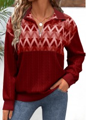 Red Zipper Geometric Print Long Sleeve V Neck Sweatshirt | thumb picture 
