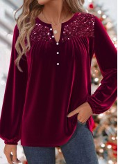 Wine Red Split Long Sleeve Blouse