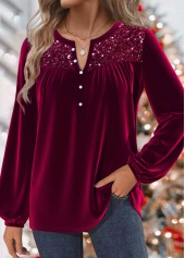 Wine Red Split Long Sleeve Blouse