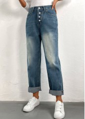 Denim Blue Button Straight Leg High Waisted Jeans
