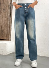Denim Blue Button Straight Leg High Waisted Jeans