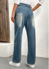 Denim Blue Button Straight Leg High Waisted Jeans