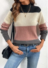 Dusty Pink Patchwork Long Sleeve Stand Collar Sweater | thumb picture 