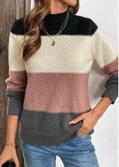 Dusty Pink Patchwork Long Sleeve Stand Collar Sweater | thumb picture 