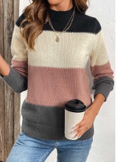 Dusty Pink Patchwork Long Sleeve Stand Collar Sweater