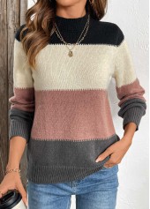 Dusty Pink Patchwork Long Sleeve Stand Collar Sweater | thumb picture 