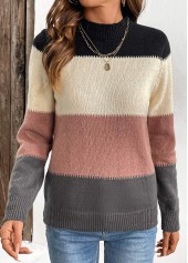 Dusty Pink Patchwork Long Sleeve Stand Collar Sweater | thumb picture 