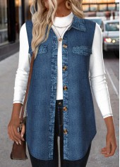 Denim Blue Patchwork Sleeveless Shirt Collar Waistcoat