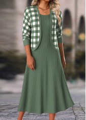 Sage Green Two Piece Plaid Dress and Cardigan
