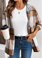 Dark Coffee Drawstring Plaid Long Sleeve Hooded Shirt | thumb picture 