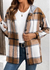 Dark Coffee Drawstring Plaid Long Sleeve Hooded Shirt | thumb picture 
