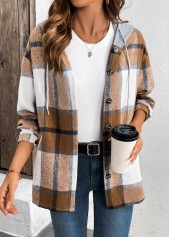 Dark Coffee Drawstring Plaid Long Sleeve Hooded Shirt