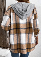 Dark Coffee Drawstring Plaid Long Sleeve Hooded Shirt | thumb picture 
