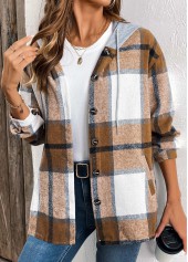 Dark Coffee Drawstring Plaid Long Sleeve Hooded Shirt | thumb picture 