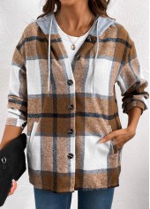Dark Coffee Drawstring Plaid Long Sleeve Hooded Shirt | thumb picture 