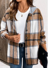 Dark Coffee Drawstring Plaid Long Sleeve Hooded Shirt | thumb picture 