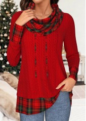 Christmas Red Patchwork Plaid Long Sleeve Cowl Neck Sweatshirt | thumb picture 
