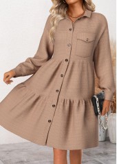Dark Camel Patchwork Long Sleeve Shirt Collar Dress