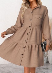 Dark Camel Patchwork Long Sleeve Shirt Collar Dress