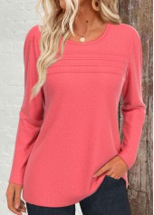 Coral Tuck Stitch Long Sleeve Round Neck T Shirt
