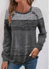 Dark Grey Button Long Sleeve Round Neck T Shirt