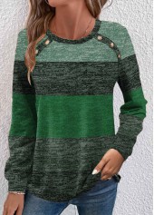Green Button Long Sleeve Round Neck T Shirt